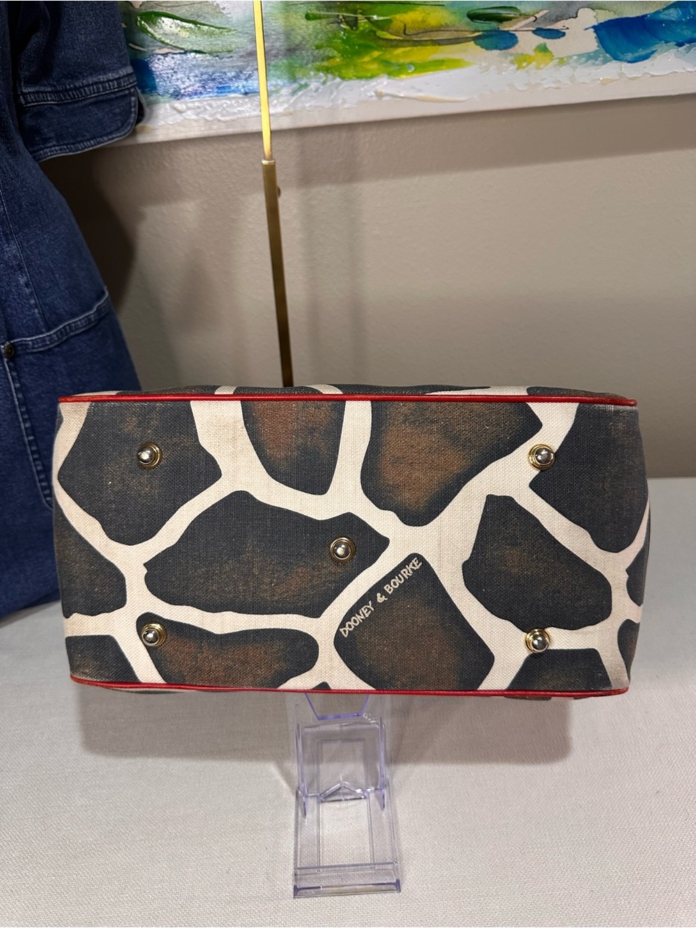 Dooney & Bourke Red-Trim Giraffe Print Canvas Tote Vintage - Picture 10 of 16